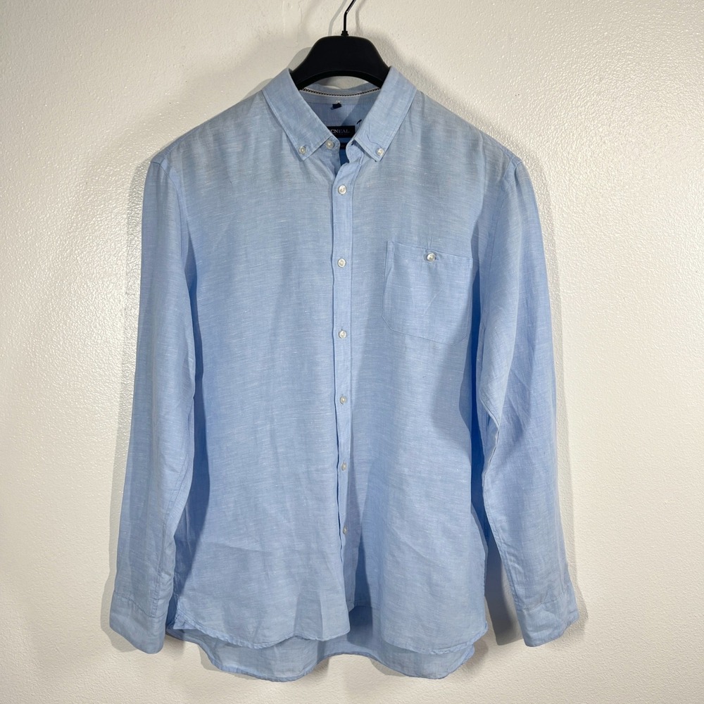 MCNEAL Tailored Fit 100% Linen Shirt Mens XL Long‎ Sleeve Button Down Light Blue